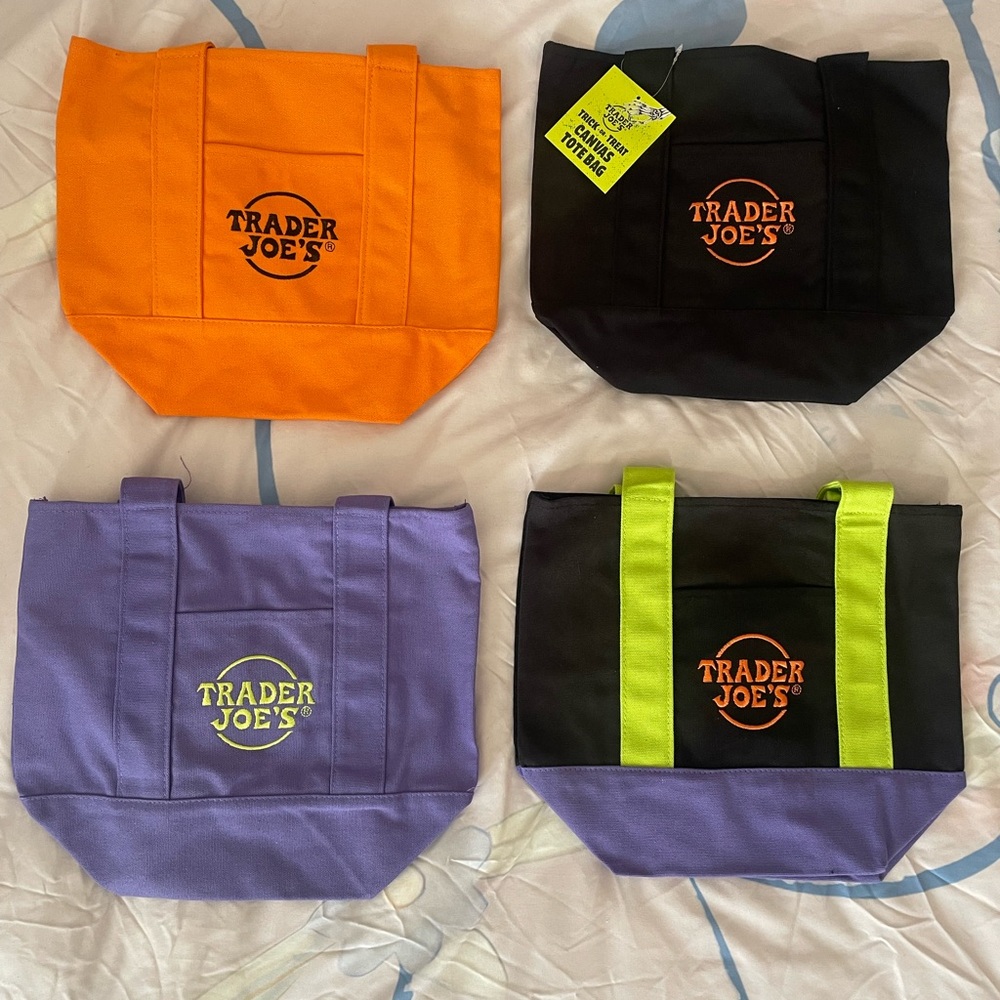 Trader Joe's Mini Tote Bag Set - Orange, Black, Purple, Purple+ Green + Black.